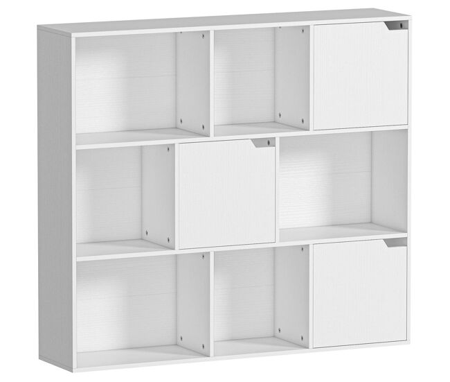 Homcom estantería de 9 cubos, librería de 3 niveles con 3 puertas y 6 compartimentos abiertos, estilo moderno, para dormitorio, salón, estudio u oficina, 106x24x95 cm, blanco