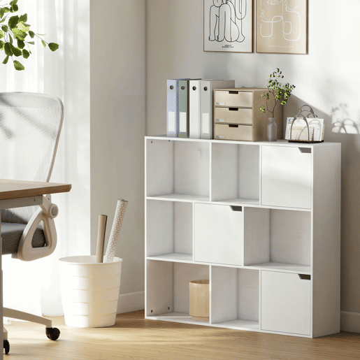 HOMCOM Estante com 9 Cubos, Estante para Livros de 3 Níveis com 3 Portas e 6 Compartimentos Abertos, 106x24x95 cm, Branco