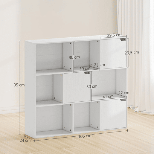 HOMCOM Estante com 9 Cubos, Estante para Livros de 3 Níveis com 3 Portas e 6 Compartimentos Abertos, 106x24x95 cm, Branco