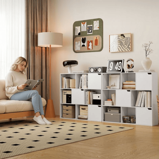 HOMCOM Estante com 9 Cubos, Estante para Livros de 3 Níveis com 3 Portas e 6 Compartimentos Abertos, 106x24x95 cm, Branco