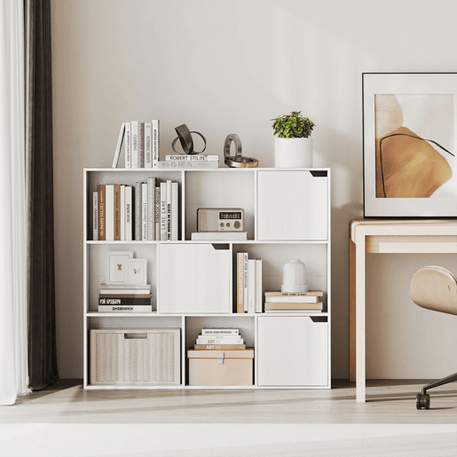 HOMCOM Estante com 9 Cubos, Estante para Livros de 3 Níveis com 3 Portas e 6 Compartimentos Abertos, 106x24x95 cm, Branco