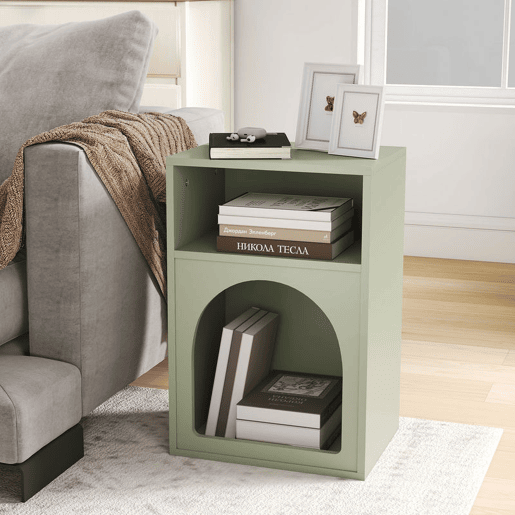 HOMCOM Conjunto de 2 Mesas de Cabeceira Modernas e Estreitas com 2 Compartimentos Abertos, Design em Arco, para Quarto e Sala, 40x30x60 cm, Verde-Claro