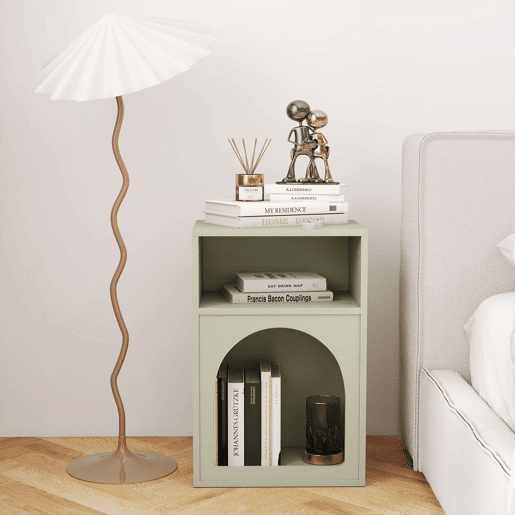 HOMCOM Conjunto de 2 Mesas de Cabeceira Modernas e Estreitas com 2 Compartimentos Abertos, Design em Arco, para Quarto e Sala, 40x30x60 cm, Verde-Claro