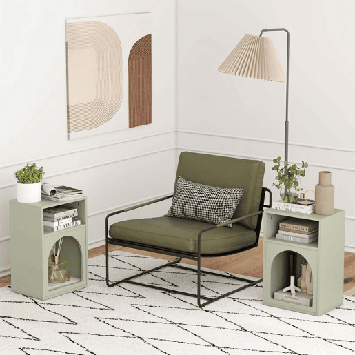 HOMCOM Conjunto de 2 Mesas de Cabeceira Modernas e Estreitas com 2 Compartimentos Abertos, Design em Arco, para Quarto e Sala, 40x30x60 cm, Verde-Claro