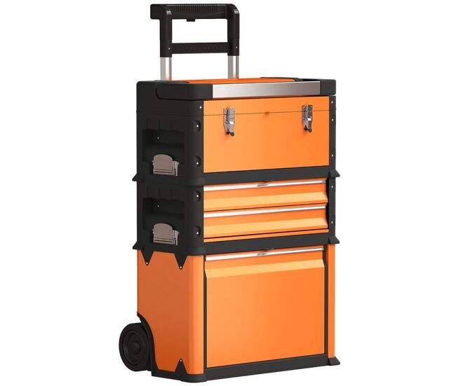 Homcom tallar móvil apilable 3 en 1 caja de herramientas con ruedas carro de herramientas de acero con bandeja mango telescópico naranja y negro