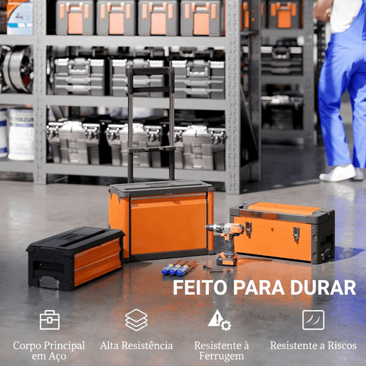 HOMCOM Caixa de Ferramentas com Rodas 3 em 1 Empilhável em Aço com Bandeja e Pega Telescópica Laranja e Preto