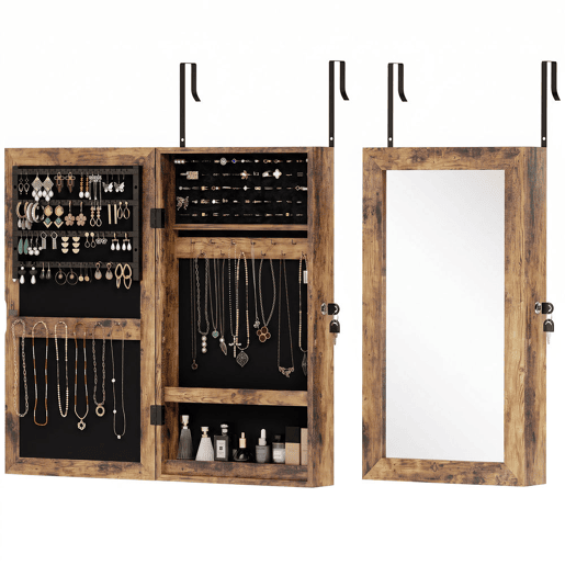 HOMCOM Armário para Joias de Parede com Espelho, Fechadura e Compartimentos, para Parede ou Porta, Castanho Rústico HOMCOM Armário para Joias de Parede com Espelho, Fechadura e Compartimentos, para Parede ou Porta, Castanho Rústico