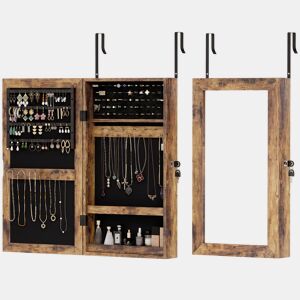 HOMCOM Armário para Joias de Parede com Espelho, Fechadura e Compartimentos, para Parede ou Porta, Castanho Rústico
