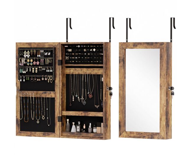 Homcom espejo joyero de pared armario para joyas con cerradura y varios compartimentos montar en pared o puerta para pendiente collar anillo pulsera regalo marrón rústico y forro negro