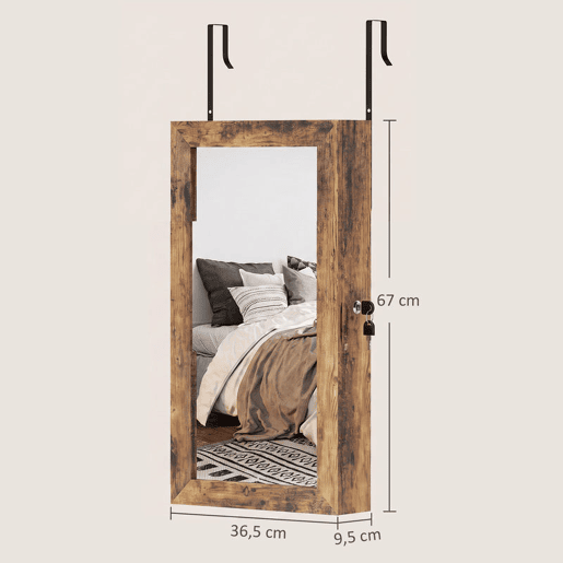 HOMCOM Armário para Joias de Parede com Espelho, Fechadura e Compartimentos, para Parede ou Porta, Castanho Rústico HOMCOM Armário para Joias de Parede com Espelho, Fechadura e Compartimentos, para Parede ou Porta, Castanho Rústico
