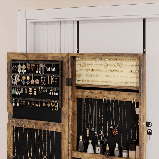 HOMCOM Armário para Joias de Parede com Espelho, Fechadura e Compartimentos, para Parede ou Porta, Castanho Rústico HOMCOM Armário para Joias de Parede com Espelho, Fechadura e Compartimentos, para Parede ou Porta, Castanho Rústico