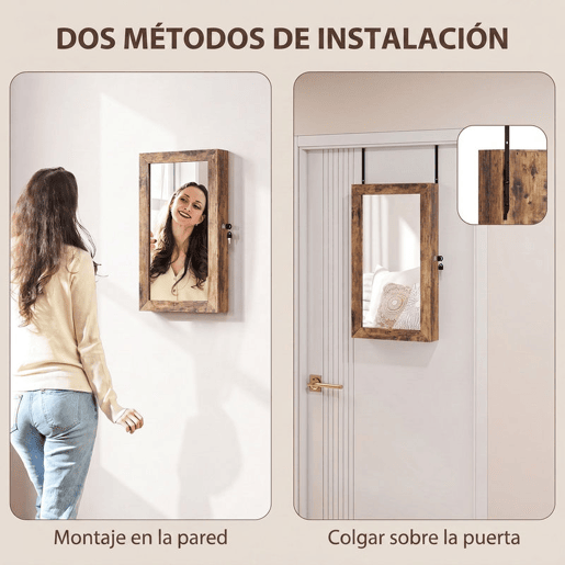 HOMCOM Armário para Joias de Parede com Espelho, Fechadura e Compartimentos, para Parede ou Porta, Castanho Rústico HOMCOM Armário para Joias de Parede com Espelho, Fechadura e Compartimentos, para Parede ou Porta, Castanho Rústico