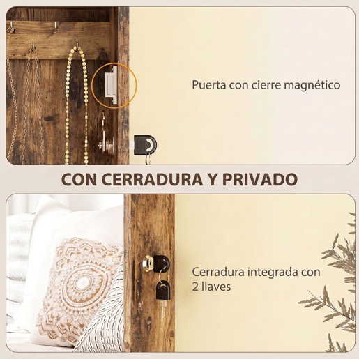 HOMCOM Armário para Joias de Parede com Espelho, Fechadura e Compartimentos, para Parede ou Porta, Castanho Rústico HOMCOM Armário para Joias de Parede com Espelho, Fechadura e Compartimentos, para Parede ou Porta, Castanho Rústico