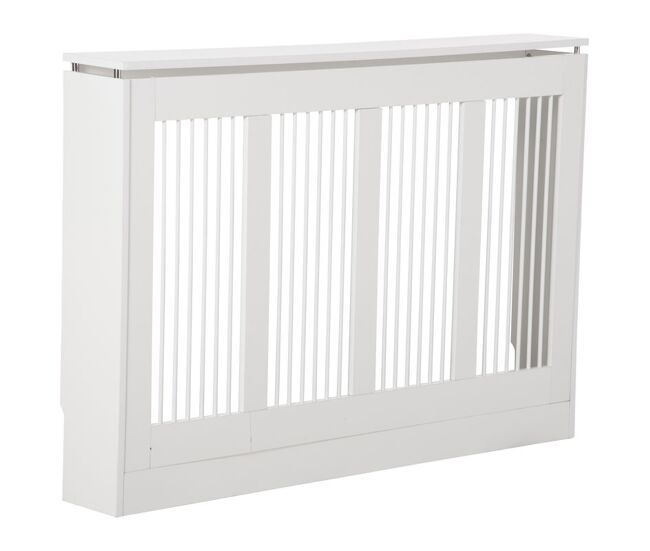Homcom cubre radiadores, cubreradiador de mdf con listones, repisa superior, 120x18x84 cm, cubierta para radiador, tubos de acero, diseño moderno, para salón, dormitorio, blanco