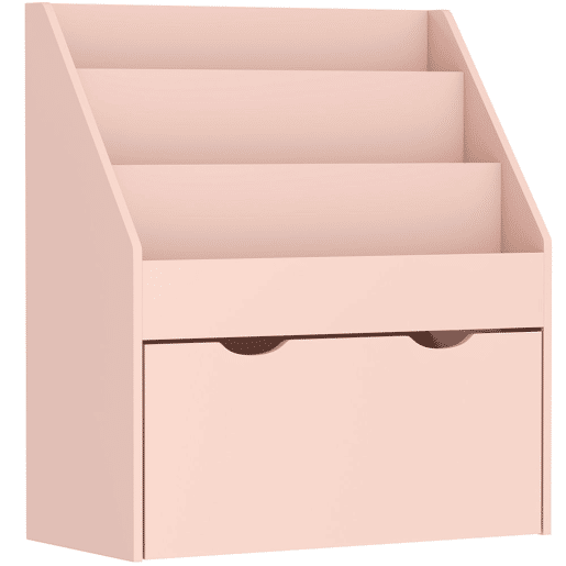 AIYAPLAY Estante de Brinquedos com 3 Compartimentos, Estante para Livros Infantil com Gaveta de Rodas, Multifuncional, para Quarto, Creche e Sala de Brincadeiras, Rosa