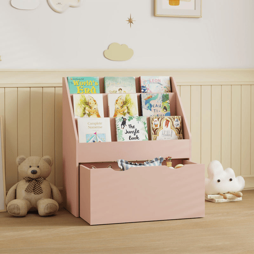 AIYAPLAY Estante de Brinquedos com 3 Compartimentos, Estante para Livros Infantil com Gaveta de Rodas, Multifuncional, para Quarto, Creche e Sala de Brincadeiras, Rosa