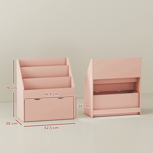 AIYAPLAY Estante de Brinquedos com 3 Compartimentos, Estante para Livros Infantil com Gaveta de Rodas, Multifuncional, para Quarto, Creche e Sala de Brincadeiras, Rosa