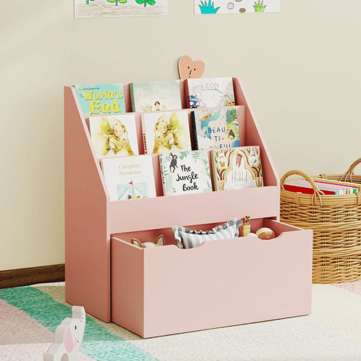 AIYAPLAY Estante de Brinquedos com 3 Compartimentos, Estante para Livros Infantil com Gaveta de Rodas, Multifuncional, para Quarto, Creche e Sala de Brincadeiras, Rosa
