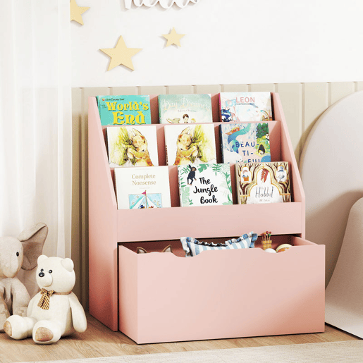 AIYAPLAY Estante de Brinquedos com 3 Compartimentos, Estante para Livros Infantil com Gaveta de Rodas, Multifuncional, para Quarto, Creche e Sala de Brincadeiras, Rosa