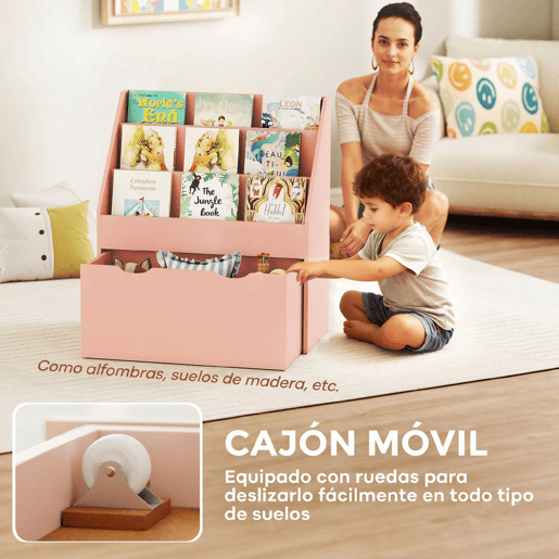 AIYAPLAY Estante de Brinquedos com 3 Compartimentos, Estante para Livros Infantil com Gaveta de Rodas, Multifuncional, para Quarto, Creche e Sala de Brincadeiras, Rosa