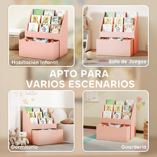 AIYAPLAY Estante de Brinquedos com 3 Compartimentos, Estante para Livros Infantil com Gaveta de Rodas, Multifuncional, para Quarto, Creche e Sala de Brincadeiras, Rosa