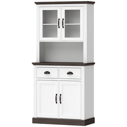 HOMCOM Armário de Cozinha Alto com Portas de Vidro, 2 Gavetas, Prateleiras Ajustáveis e Nicho Aberto, 80x38x170 cm, Branco e Castanho