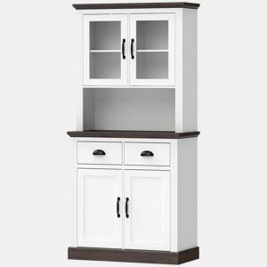 HOMCOM Armário de Cozinha Alto com Portas de Vidro, 2 Gavetas, Prateleiras Ajustáveis e Nicho Aberto, 80x38x170 cm, Branco e Castanho
