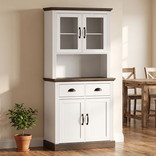 HOMCOM Armário de Cozinha Alto com Portas de Vidro, 2 Gavetas, Prateleiras Ajustáveis e Nicho Aberto, 80x38x170 cm, Branco e Castanho