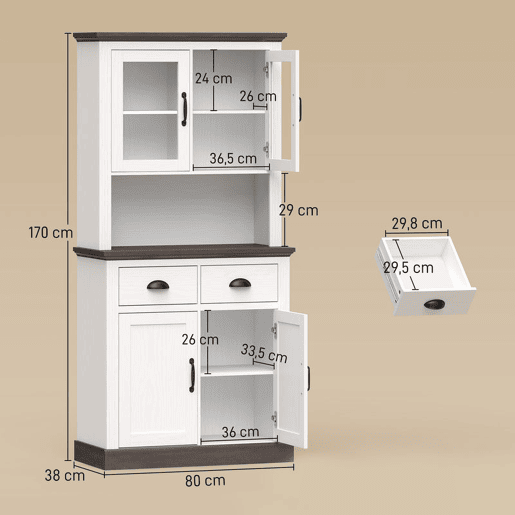 HOMCOM Armário de Cozinha Alto com Portas de Vidro, 2 Gavetas, Prateleiras Ajustáveis e Nicho Aberto, 80x38x170 cm, Branco e Castanho