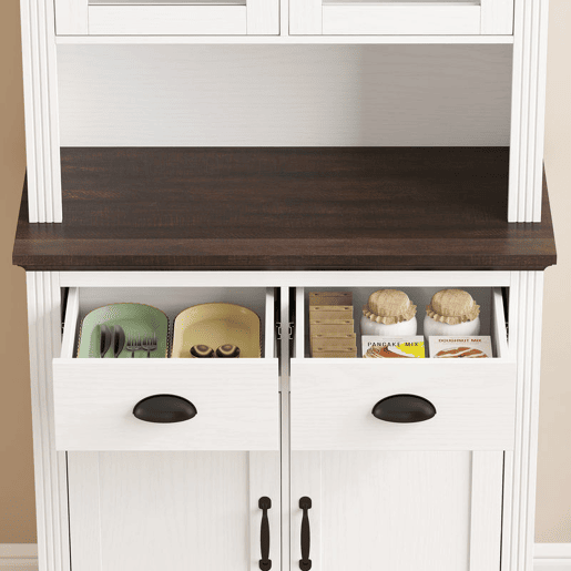 HOMCOM Armário de Cozinha Alto com Portas de Vidro, 2 Gavetas, Prateleiras Ajustáveis e Nicho Aberto, 80x38x170 cm, Branco e Castanho