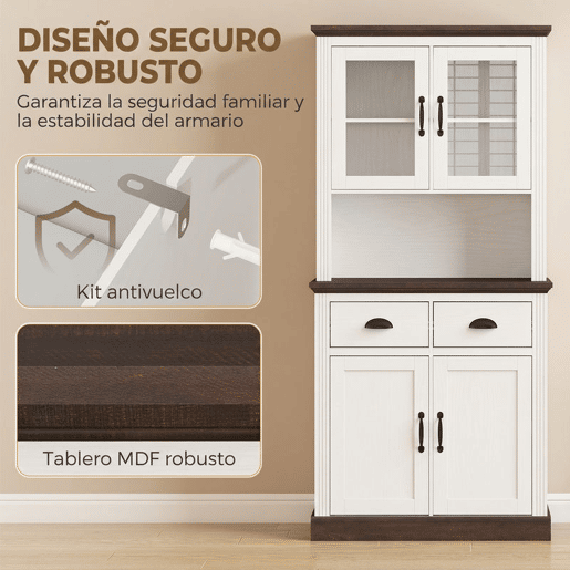 HOMCOM Armário de Cozinha Alto com Portas de Vidro, 2 Gavetas, Prateleiras Ajustáveis e Nicho Aberto, 80x38x170 cm, Branco e Castanho