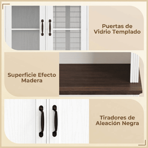 HOMCOM Armário de Cozinha Alto com Portas de Vidro, 2 Gavetas, Prateleiras Ajustáveis e Nicho Aberto, 80x38x170 cm, Branco e Castanho