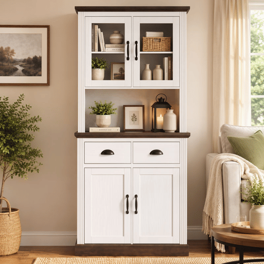 HOMCOM Armário de Cozinha Alto com Portas de Vidro, 2 Gavetas, Prateleiras Ajustáveis e Nicho Aberto, 80x38x170 cm, Branco e Castanho