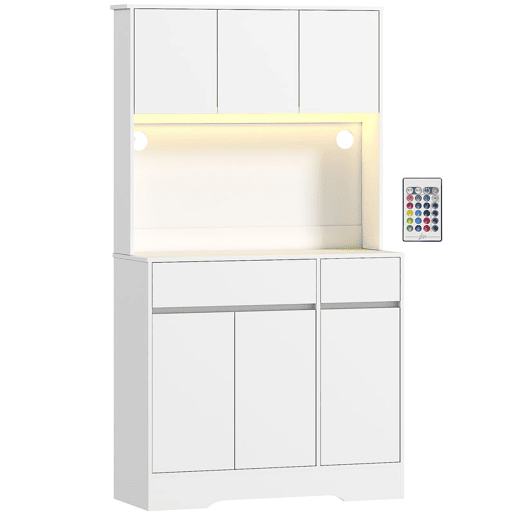 HOMCOM Armário de Cozinha com Luz LED RGB, Móvel com Bancada para Micro-ondas, 6 Portas, 2 Gavetas, Prateleiras Ajustáveis e Comando à Distância, 100x38x180 cm, Branco