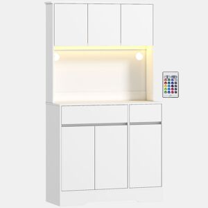 HOMCOM Armário de Cozinha com Luz LED RGB, Móvel com Bancada para Micro-ondas, 6 Portas, 2 Gavetas, Prateleiras Ajustáveis e Comando à Distância, 100x38x180 cm, Branco