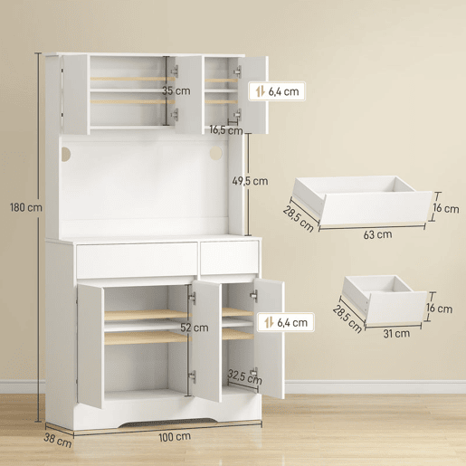 HOMCOM Armário de Cozinha com Luz LED RGB, Móvel com Bancada para Micro-ondas, 6 Portas, 2 Gavetas, Prateleiras Ajustáveis e Comando à Distância, 100x38x180 cm, Branco