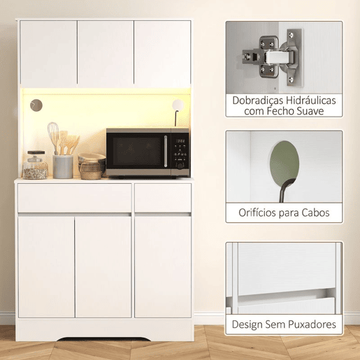 HOMCOM Armário de Cozinha com Luz LED RGB, Móvel com Bancada para Micro-ondas, 6 Portas, 2 Gavetas, Prateleiras Ajustáveis e Comando à Distância, 100x38x180 cm, Branco