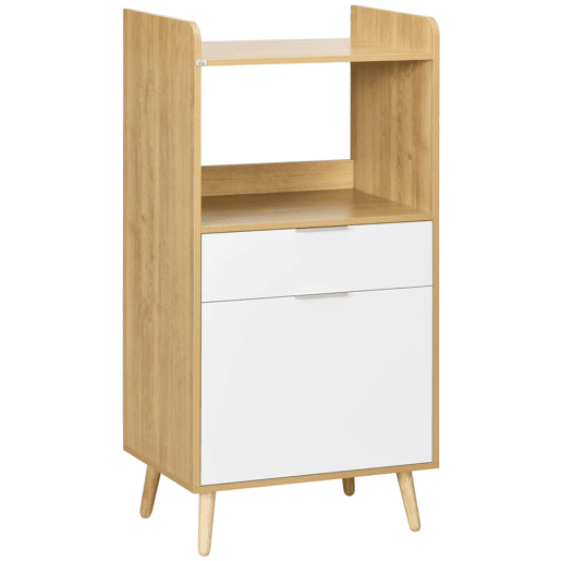 HOMCOM Armário para Micro-ondas, Móvel Auxiliar de Cozinha em Estilo Escandinavo com Armário, Gaveta e Prateleira Ajustável, 58x40x118 cm, Natural e Branco