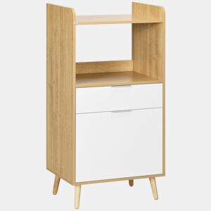 HOMCOM Armário para Micro-ondas, Móvel Auxiliar de Cozinha em Estilo Escandinavo com Armário, Gaveta e Prateleira Ajustável, 58x40x118 cm, Natural e Branco