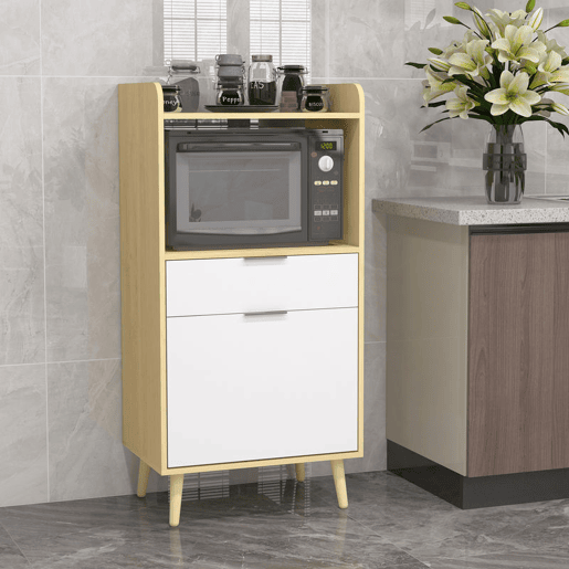 HOMCOM Armário para Micro-ondas, Móvel Auxiliar de Cozinha em Estilo Escandinavo com Armário, Gaveta e Prateleira Ajustável, 58x40x118 cm, Natural e Branco