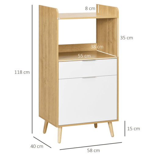 HOMCOM Armário para Micro-ondas, Móvel Auxiliar de Cozinha em Estilo Escandinavo com Armário, Gaveta e Prateleira Ajustável, 58x40x118 cm, Natural e Branco
