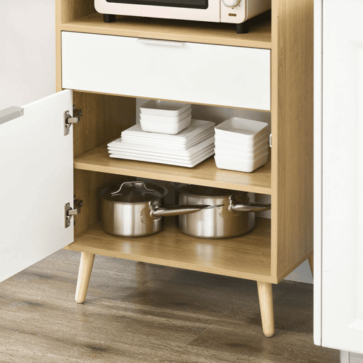 HOMCOM Armário para Micro-ondas, Móvel Auxiliar de Cozinha em Estilo Escandinavo com Armário, Gaveta e Prateleira Ajustável, 58x40x118 cm, Natural e Branco