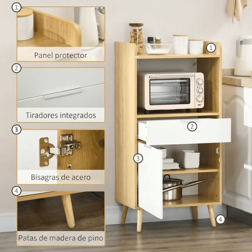 HOMCOM Armário para Micro-ondas, Móvel Auxiliar de Cozinha em Estilo Escandinavo com Armário, Gaveta e Prateleira Ajustável, 58x40x118 cm, Natural e Branco