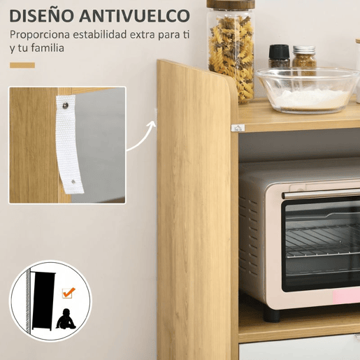 HOMCOM Armário para Micro-ondas, Móvel Auxiliar de Cozinha em Estilo Escandinavo com Armário, Gaveta e Prateleira Ajustável, 58x40x118 cm, Natural e Branco