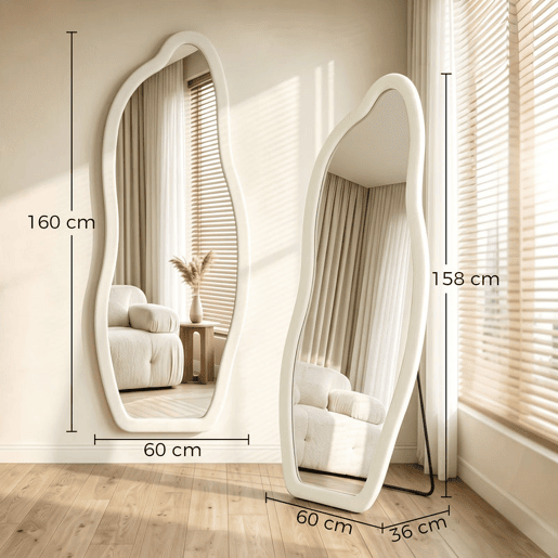 HOMCOM Espelho de Corpo Inteiro 160x60 cm, de Pé ou Parede, Moldura Arqueada Aveludada, Creme HOMCOM Espelho de Corpo Inteiro 160x60 cm, de Pé ou Parede, Moldura Arqueada Aveludada, Creme