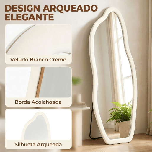 HOMCOM Espelho de Corpo Inteiro 160x60 cm, de Pé ou Parede, Moldura Arqueada Aveludada, Creme HOMCOM Espelho de Corpo Inteiro 160x60 cm, de Pé ou Parede, Moldura Arqueada Aveludada, Creme