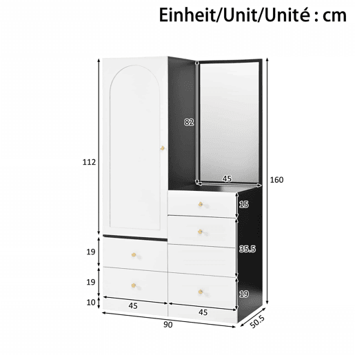 Armário multifuncional para maquilhagem e roupa u2014 com espelho de corpo inteiro, banco extraível, gavetas com divisórias para maquilhagem, estrutura em MDF, puxadores redondos de ferro u2014 Preto e Branco