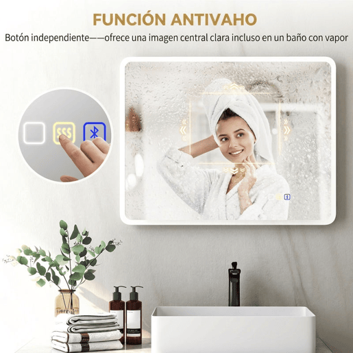 HOMCOM Espelho de Casa de Banho LED com Bluetooth 90x70 cm, 3 Tons de Luz, Brilho Regulável, Antiembaciamento, Memória e IP44 HOMCOM Espelho de Casa de Banho LED com Bluetooth 90x70 cm, 3 Tons de Luz, Brilho Regulável, Antiembaciamento, Memória e IP44