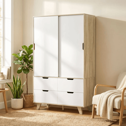 HOMCOM Roupeiro Moderno com Portas de Correr, Varão, Prateleiras Ajustáveis e 4 Gavetas, 120x50x187,5 cm, Carvalho e Branco HOMCOM Roupeiro Moderno com Portas de Correr, Varão, Prateleiras Ajustáveis e 4 Gavetas, 120x50x187,5 cm, Carvalho e Branco