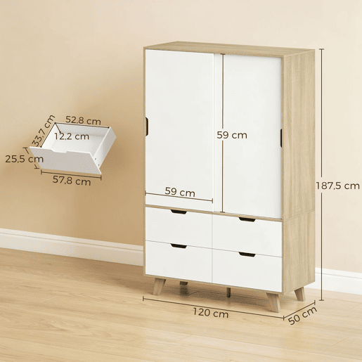 HOMCOM Roupeiro Moderno com Portas de Correr, Varão, Prateleiras Ajustáveis e 4 Gavetas, 120x50x187,5 cm, Carvalho e Branco HOMCOM Roupeiro Moderno com Portas de Correr, Varão, Prateleiras Ajustáveis e 4 Gavetas, 120x50x187,5 cm, Carvalho e Branco